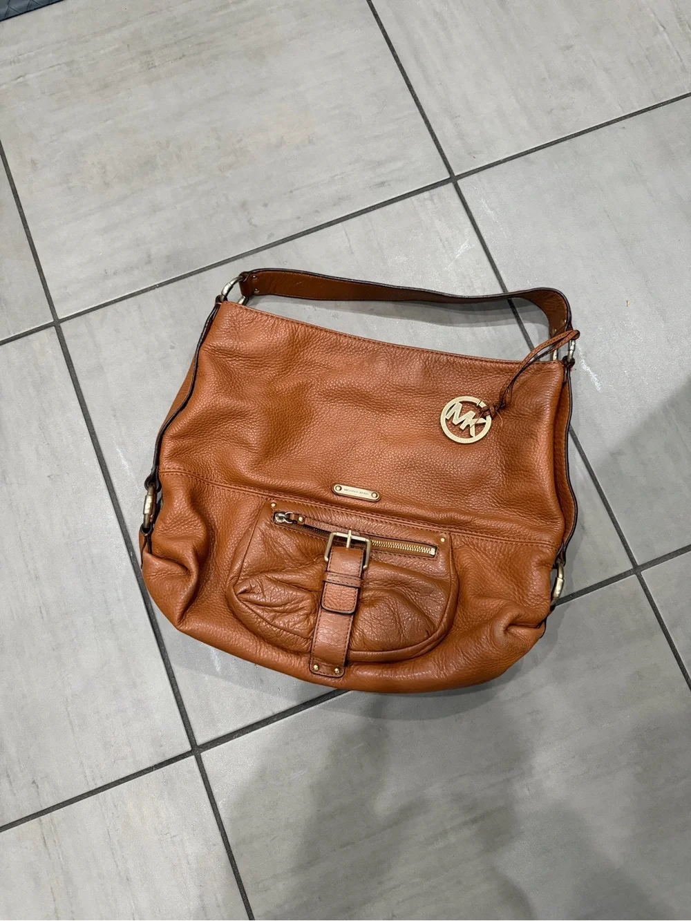 Michael Kors Cognac Pebbled Leather Shoulder Hobo with MK Charm